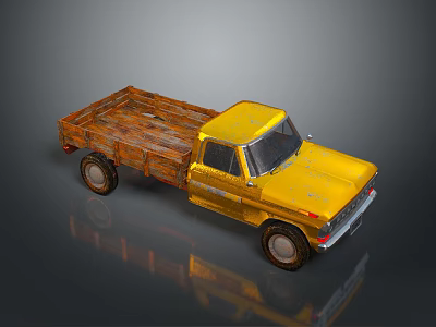Vintage Yellow Truck Featuring Wooden Bed And Worn Single Cab Exterior 3d model