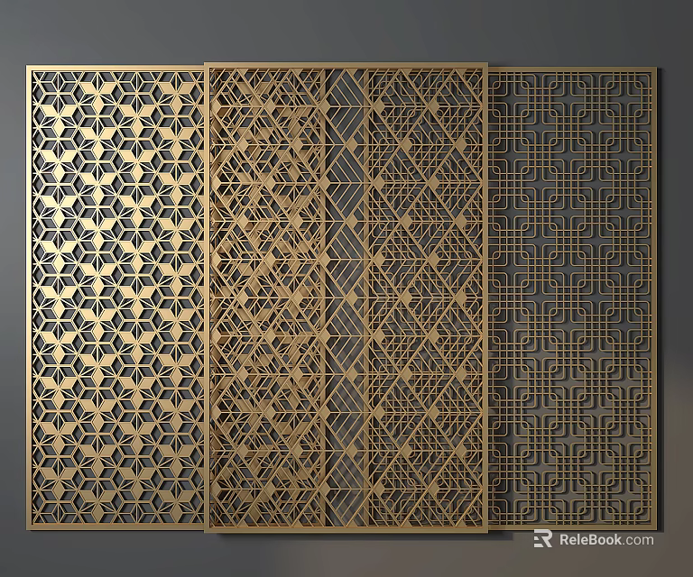 Golden Metal Decorative Partitions With Laser Cut Geometric Patterns For Interior Design 3d model