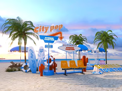 City Pop Themed Beach Setting With Palm Trees Surfboards Sun Umbrellas Benches And Cactus Decorations 3d model