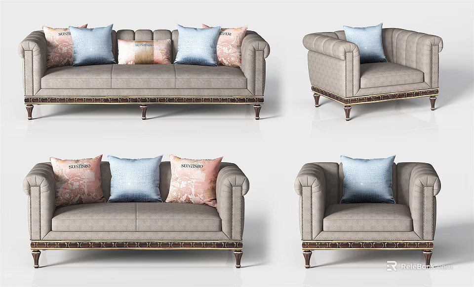 Elegant Modern Gray Sofa Set With Blue Pink Patterned Pillows And Metal Legs 3d model