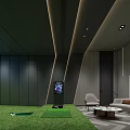 Indoor Golf Practice Area With Modern Interior Design Green Turf Screen And Comfortable Seating