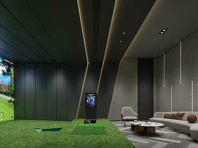 Indoor Golf Practice Area With Modern Interior Design Green Turf Screen And Comfortable Seating 3d model