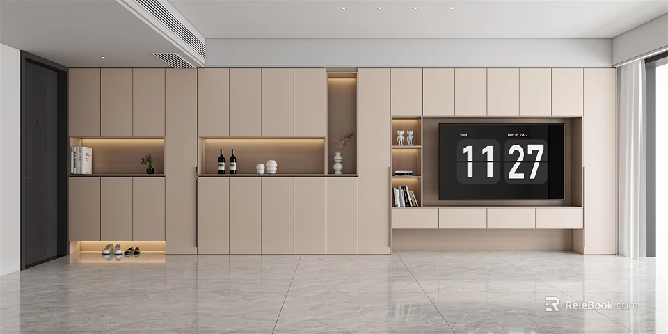 Modern TV Stand With Integrated LED Lights Open Shelves Storage Cabinets And Decorative Design 3d model 