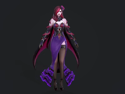 Fantasy Female Character With Red Hair Floral Ornament And Bat Wing Inspired Purple Dress 3d model