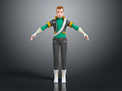 3D Game Movie Character With Brown Short Hair Green Yellow Outfit Gray Pants White Boots 3d model