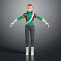 3D Game Movie Character With Brown Short Hair Green Yellow Outfit Gray Pants White Boots