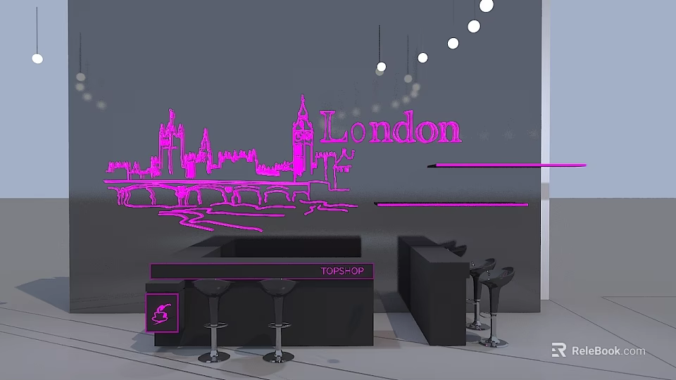 Stylish Black Bar Counter With Pink Neon London Skyline And Bar Stools 3d model 