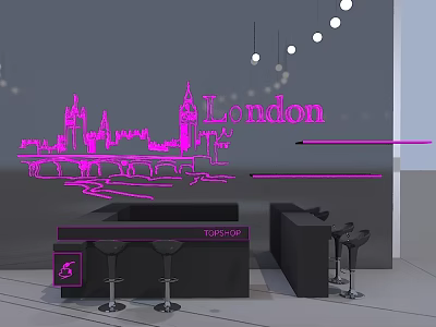 Stylish Black Bar Counter With Pink Neon London Skyline And Bar Stools 3d model
