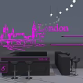 Stylish Black Bar Counter With Pink Neon London Skyline And Bar Stools
