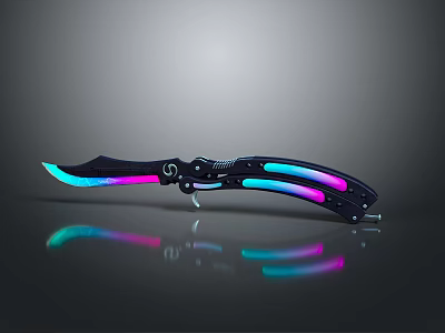 Colorful Folding Knife With Blue Pink Gradient Blade And Black Handle On Reflective Surface 3d model