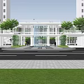 Modern High Rise Building Entrance Gate At Night With Lighting Green Plants And Cars