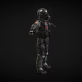 Armored Character in Camouflage Combat Gear Red Black Vest Helmet with Arms Outstretched