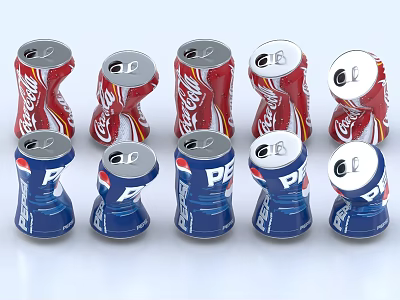 Twisted Coca Cola and Pepsi Drink Cans Arranged in Rows 3d model