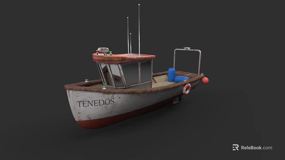 Vintage Tenedos Fishing Boat With Cabin Blue Barrel And Orange Lifebuoy On Deck 3d model 