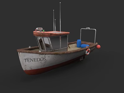 Vintage Tenedos Fishing Boat With Cabin Blue Barrel And Orange Lifebuoy On Deck 3d model