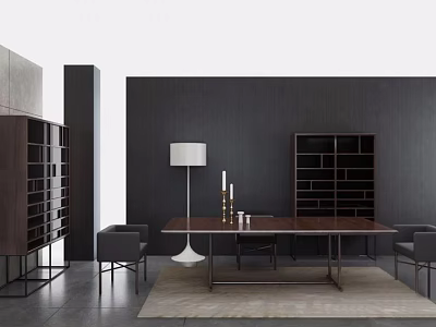 Modern Minimalist Dining Table Set With Chairs Floor Lamp And Bookshelves In Dark Room 3d model