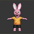 Pink Rabbit Plush Toy Wearing Yellow Shirt And Black Shorts Standing On Gray Background