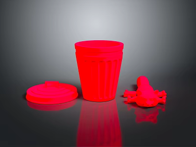 Red Animal Shaped Toy Figure With Trash Can And Lid In Modern Home Setup 3d model