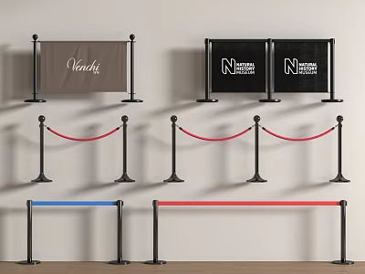 Various Styles Of Railings With Branded Signs Red Ropes And Colored Bars 3d model