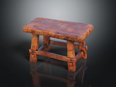 Traditional Solid Wood Stool With Rectangular Seat And Carved Legs Structure 3d model
