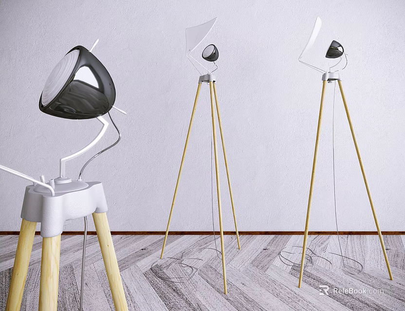 Modern Floor Lamps With Wooden Tripod Base And Black White Shades 3d model 