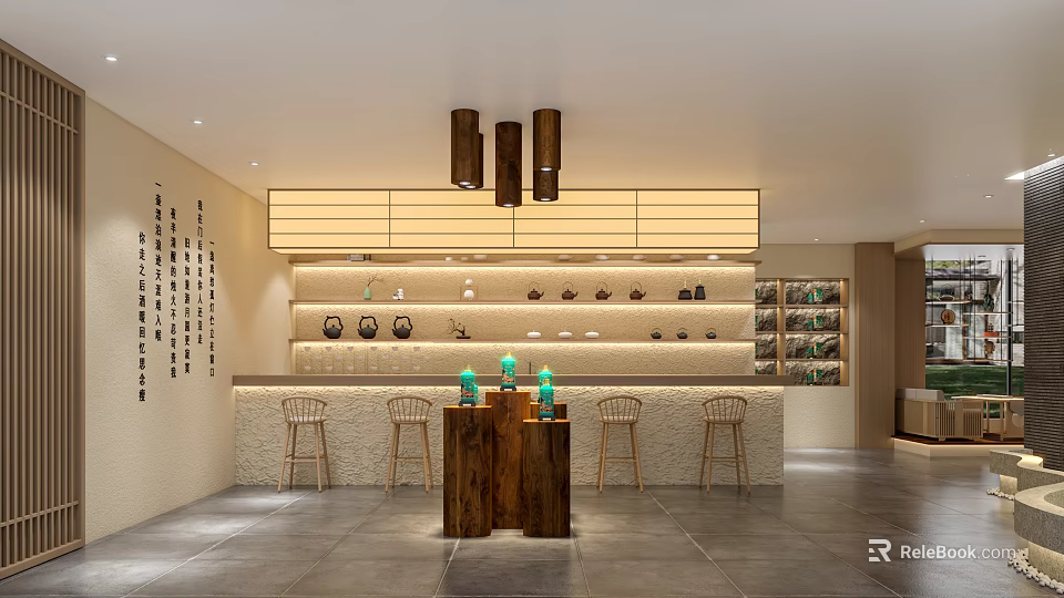 Traditional Chinese Teahouse Interior With Bar Counter And Calligraphy Wall 3d model 