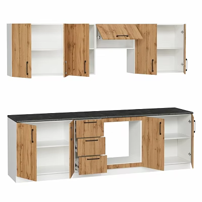 Stylish Wooden Kitchen Cabinets With Open Shelves Drawers And Black Countertop 3d model