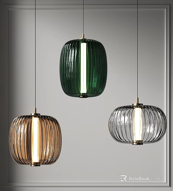 Three Modern Striped Pendant Lights In Green Brown And Silver Hanging Illuminated 3d model 