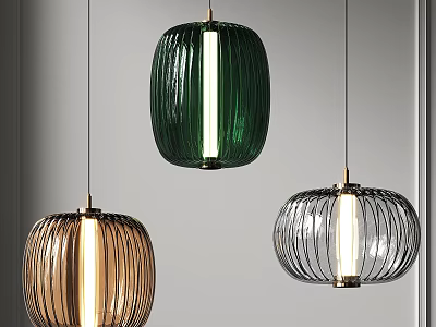 Three Modern Striped Pendant Lights In Green Brown And Silver Hanging Illuminated 3d model