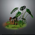 Red Head Green Body Dinosaur In Natural Habitat With Lush Green Plants Brown Soil And Grass