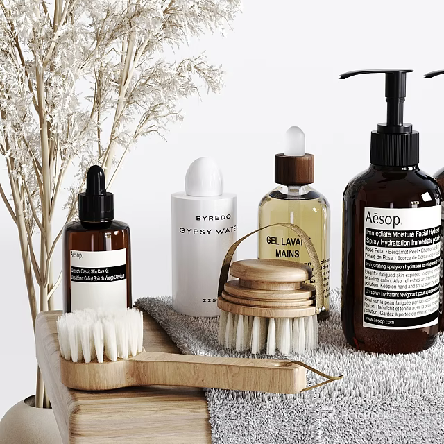Chic Bathroom Accessories Setup With Bottles Brushes And Dried Flowers 3d model 
