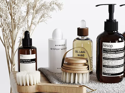 Chic Bathroom Accessories Setup With Bottles Brushes And Dried Flowers 3d model