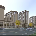 Modern High Rise Residential Buildings With Ground Floor Shops And Street Trees