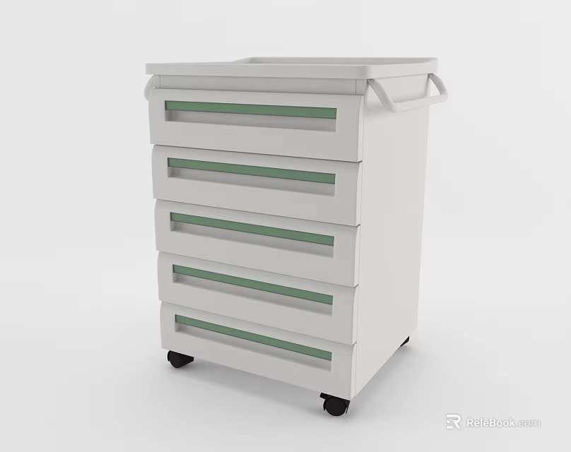 White Bookcase With Multiple Drawers Green Stripe Details And Rolling Casters 3d model 