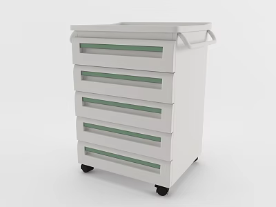 White Bookcase With Multiple Drawers Green Stripe Details And Rolling Casters 3d model
