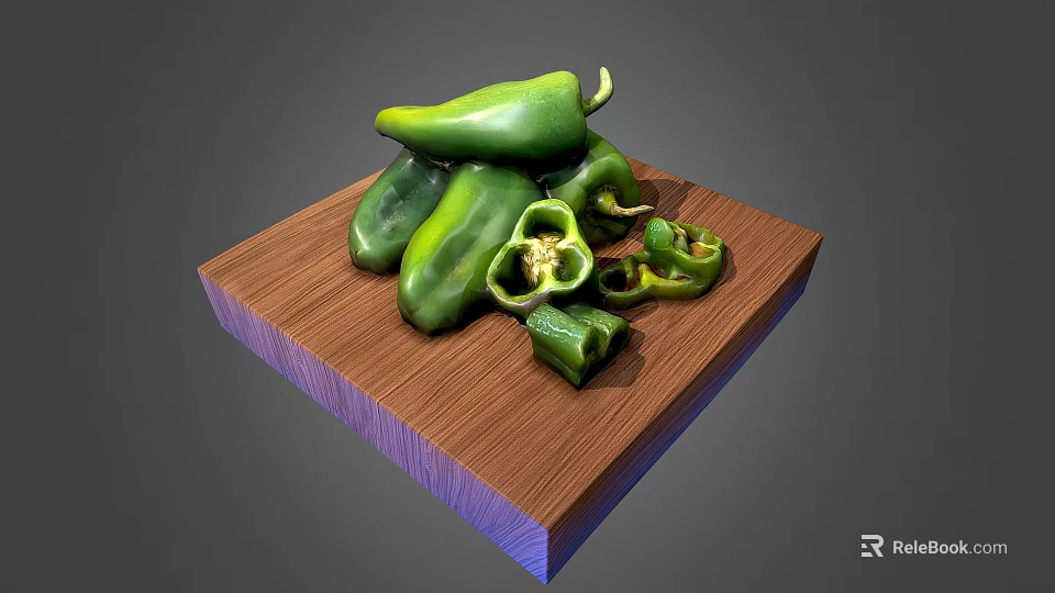 Fresh Green Bell Peppers On Wooden Cutting Board With Sliced Pieces 3d model 
