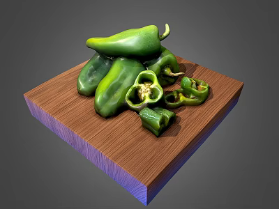 Fresh Green Bell Peppers On Wooden Cutting Board With Sliced Pieces 3d model