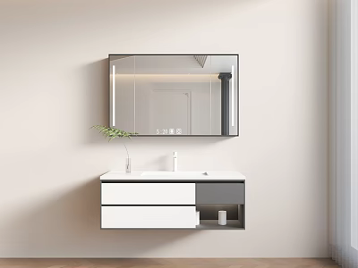 Modern Bathroom Interior With Wall Mounted Vanity Mirror And Green Plant 3d model