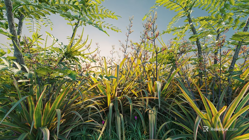 Sunlit Lush Green Plants and Ferns with Long Slender Leaves Feathery Fronds and Blue Sky 3d model 