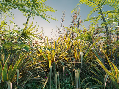 Sunlit Lush Green Plants and Ferns with Long Slender Leaves Feathery Fronds and Blue Sky 3d model