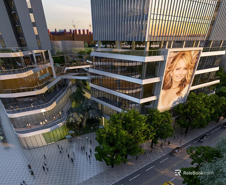 Urban Modern Commercial Building With Glass Facade Large Billboard Pedestrians Trees And Sunset 3d model 