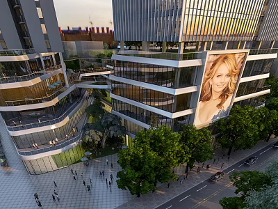 Urban Modern Commercial Building With Glass Facade Large Billboard Pedestrians Trees And Sunset 3d model