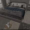 Modern Double Bed With Upholstered Headboard Blue Mattress Gray Blanket And Nightstands