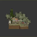 Charming Cartoon Rustic House Scene with Cypress Olive Trees Stone Wall Grass Lawn and Vines