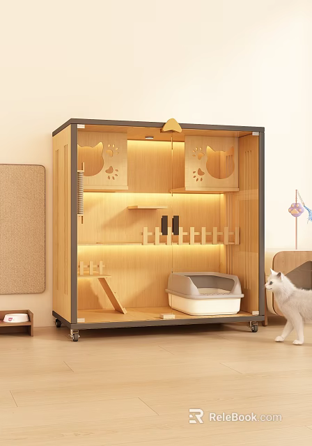 Wooden Pet Crate With Cat Shaped Cutouts Litter Box Shelves Scratching Post On Wheels 3d model 