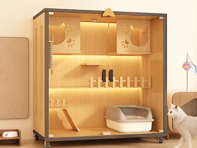 Wooden Pet Crate With Cat Shaped Cutouts Litter Box Shelves Scratching Post On Wheels 3d model