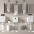 Modern Wall Mounted Urinals With Toilet Paper Dispensers Cleaning Brushes And Toilet Tanks
