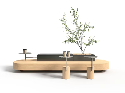 Modern Wooden Coffee Table With Layered Design Decorative Green Plant And Small Side Tables 3d model