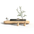 Modern Wooden Coffee Table With Layered Design Decorative Green Plant And Small Side Tables