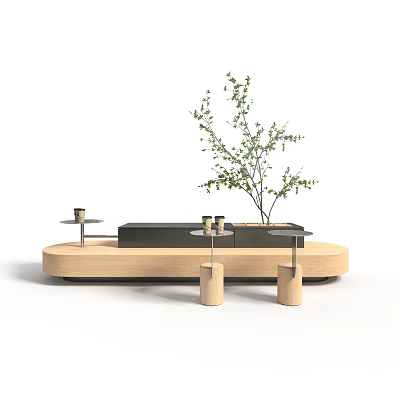 Modern Wooden Coffee Table With Layered Design Decorative Green Plant And Small Side Tables 3d model